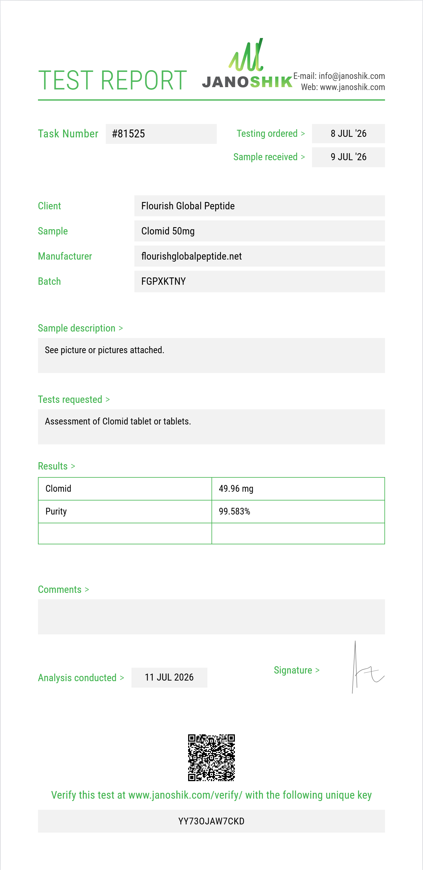 Clomid Purity (HPLC) report by Janoshik Analytical
