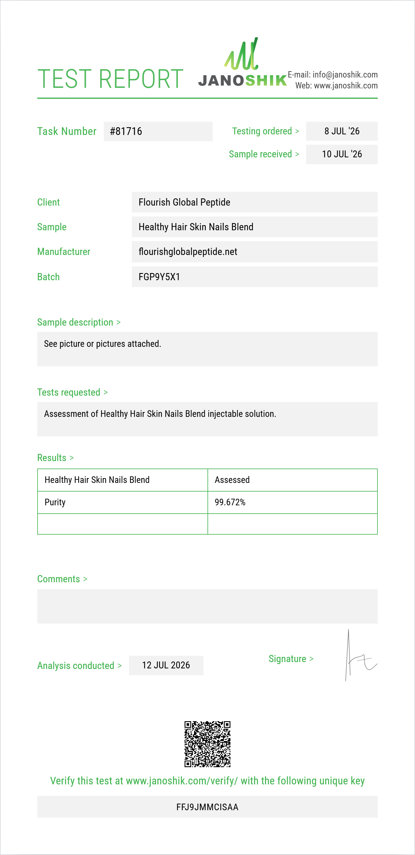 Healthy Hair Skin Nails Blend (Niacinamide+Thiamine+Pantothenic Acid+Choline+Inositol+Niacin+Biotin+Folic Acid+Riboflavin) Purity (HPLC) report by Janoshik Analytical