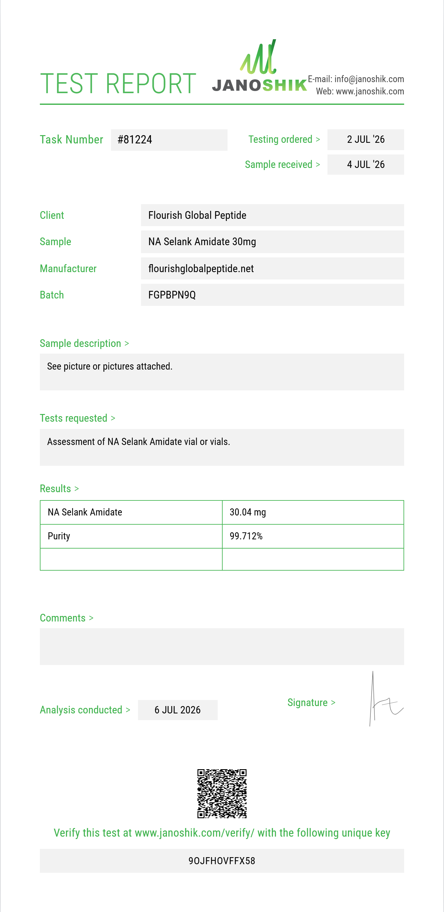 NA Selank Amidate Purity (HPLC) report by Janoshik Analytical