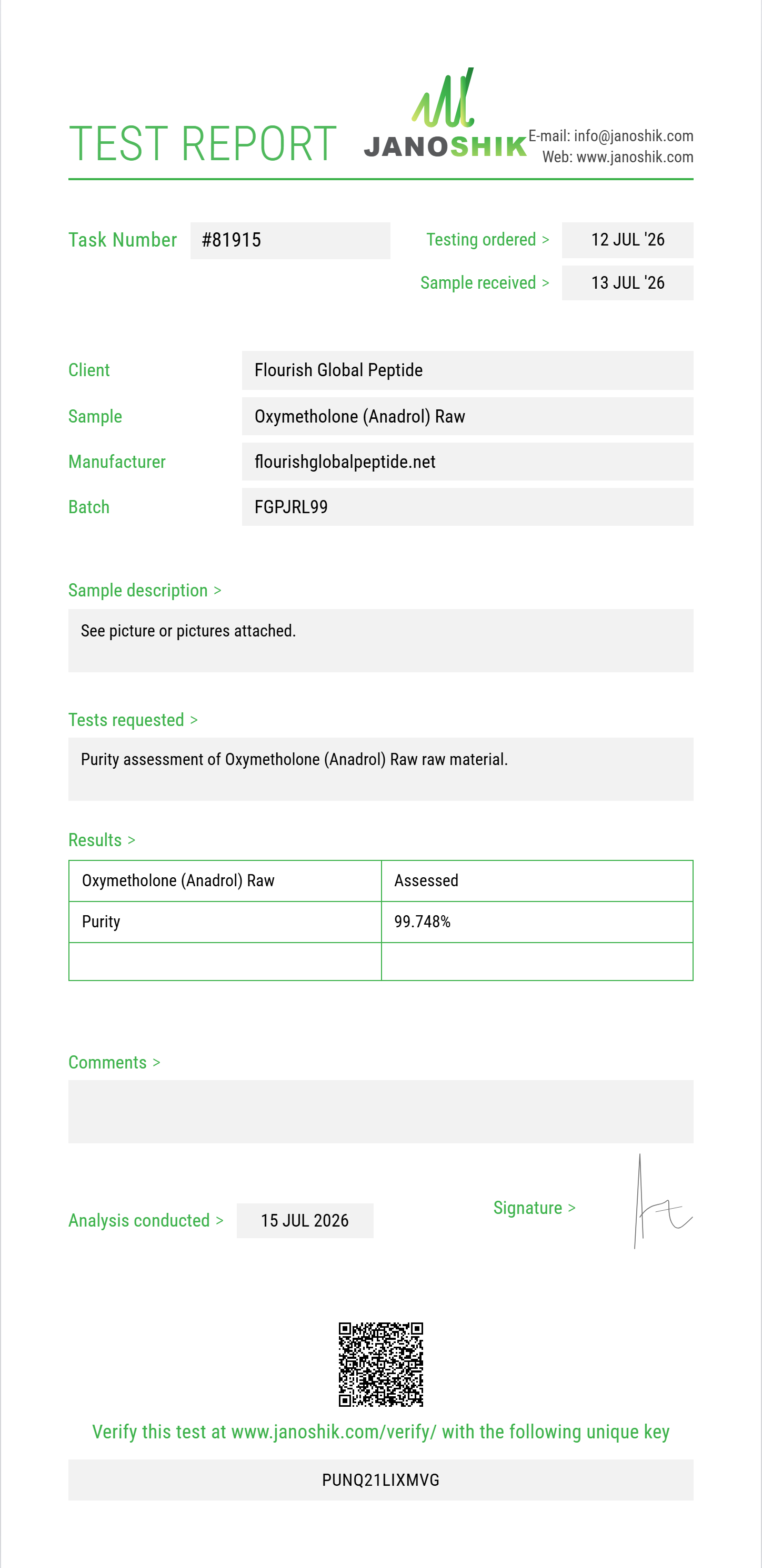 Oxymetholone (Anadrol) Raw Purity (HPLC) report by Janoshik Analytical
