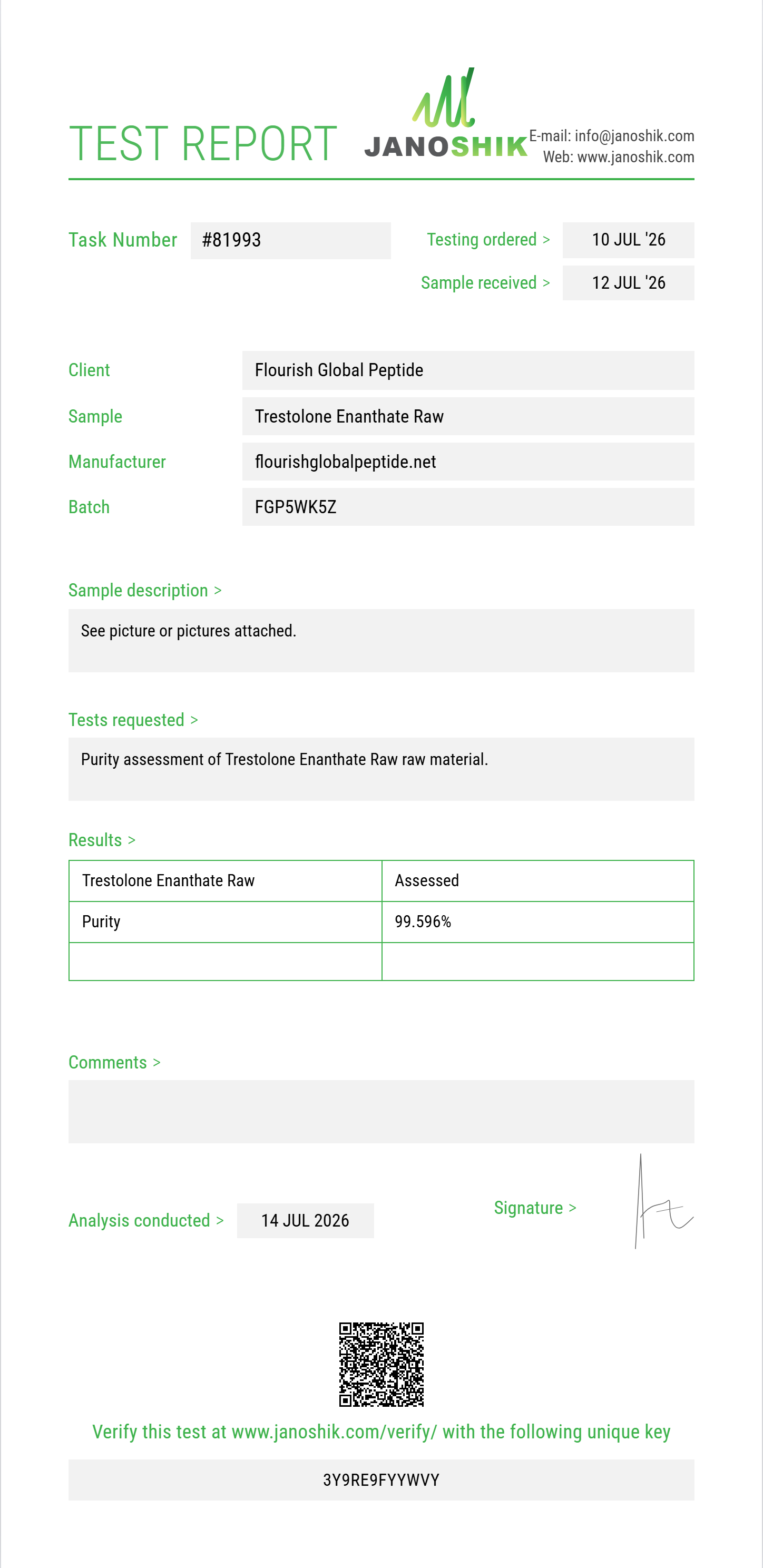 Trestolone Enanthate Raw Purity (HPLC) report by Janoshik Analytical