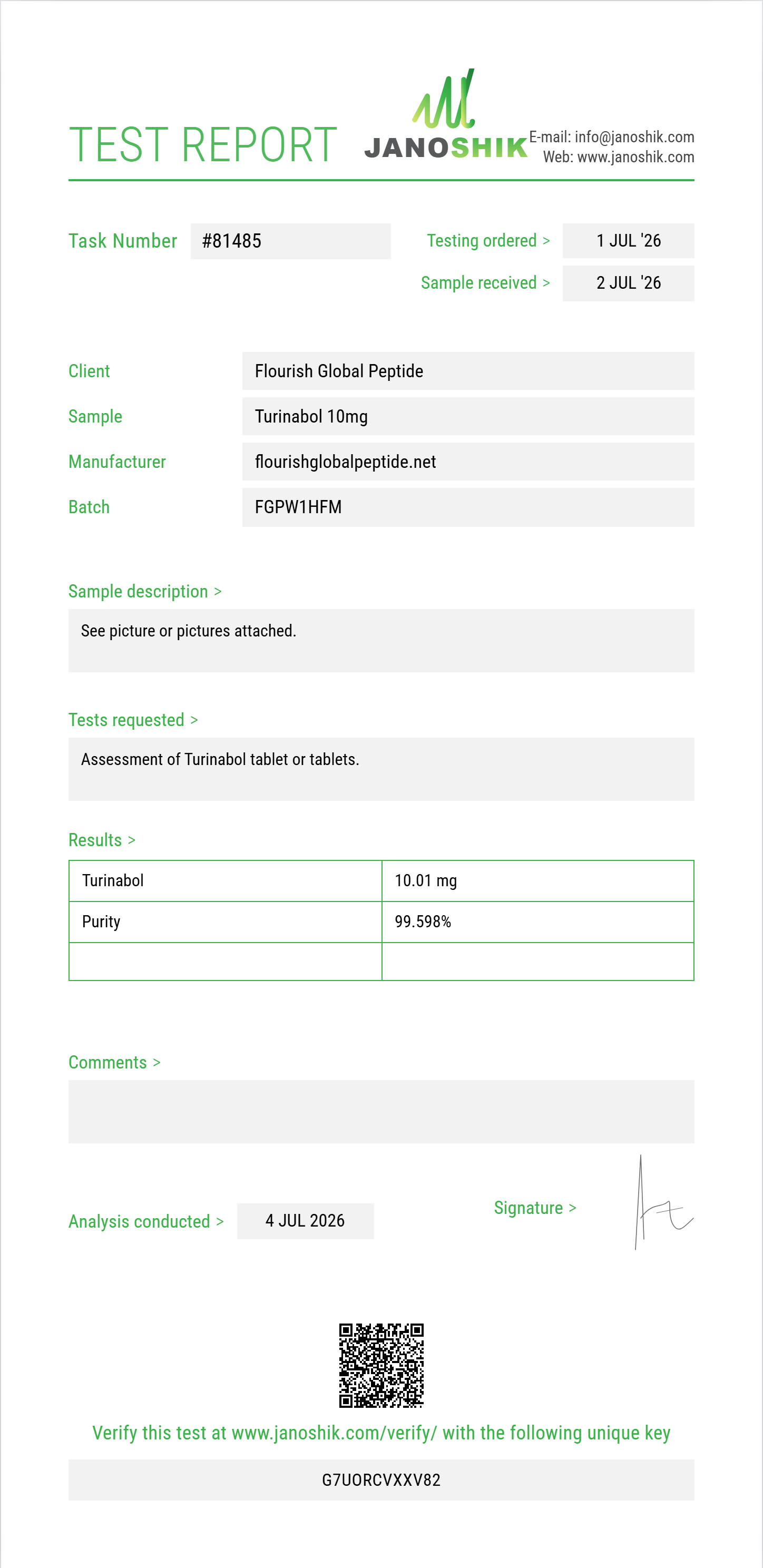 Turinabol Purity (HPLC) report by Janoshik Analytical